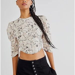 Free People Ivory Floral Puff Sleeve Blouse